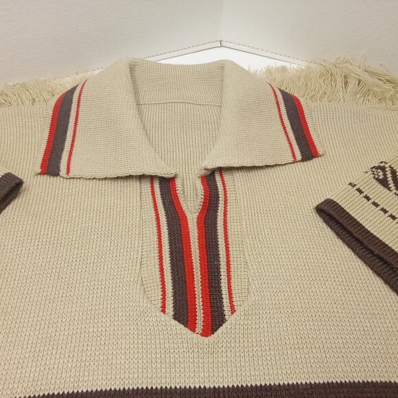 Vintage 70s-80s Aztec Southwestern Sweater Tunic Collar SSL Slits Fringe -10/12 - Picture 6 of 11